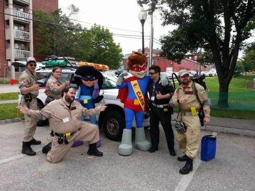 Ghostbusters making the scene with the mascots from Holy Rosary Credit Union